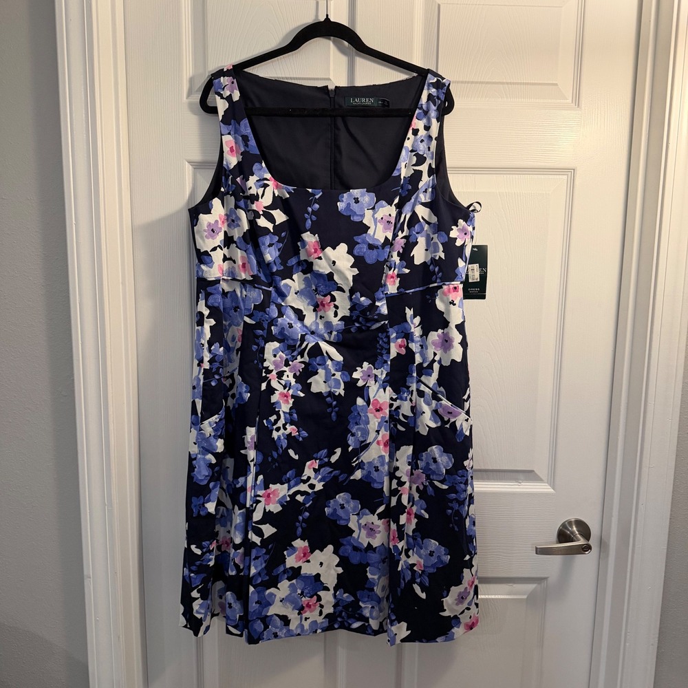 Lauren Ralph Lauren Floral Dress Navy Blue 18W Fit Flare Wedding Guest Office